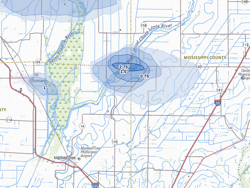 NEXRAD radar-signature map of the hail storm over Lepanto, AR on Jul 11, 2026