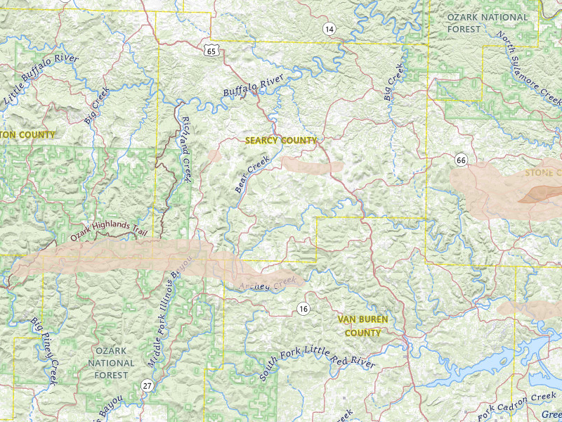 Radar-estimated hail-size map of the storm over Leslie, AR on Apr 27, 2026