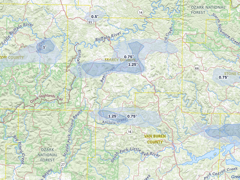 NEXRAD radar-signature map of the hail over Leslie, AR