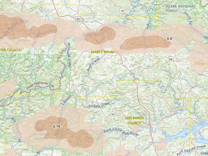 Radar-estimated hail-size map of the storm over Leslie, AR on Apr 28, 2026