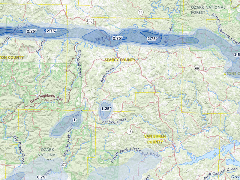 NEXRAD radar-signature map of the hail storm over Leslie, AR on Apr 28, 2026