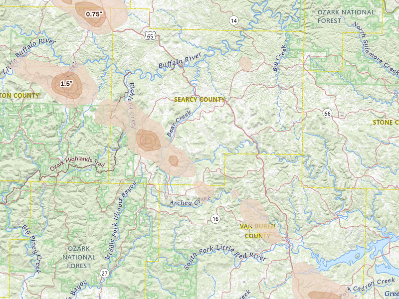 Radar-estimated hail-size map of the storm over Leslie, AR on May 30, 2026