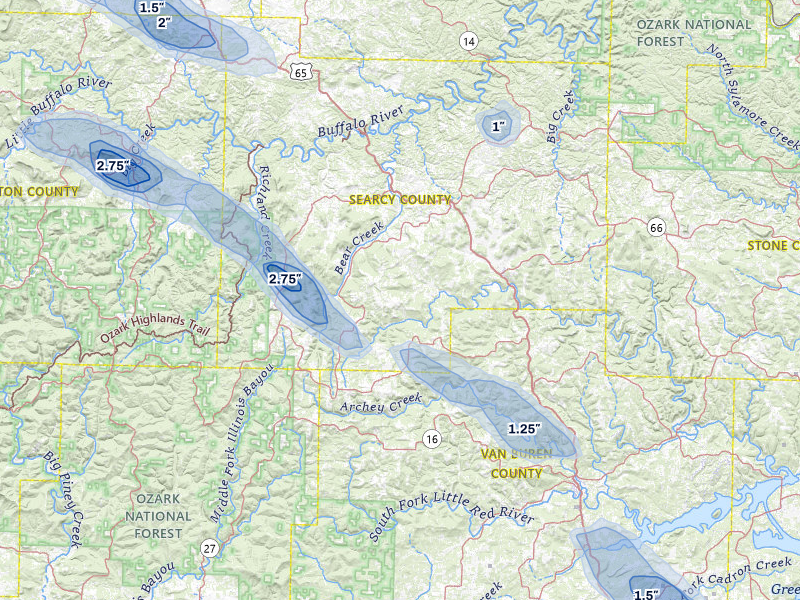 NEXRAD radar-signature map of the hail storm over Leslie, AR on May 30, 2026