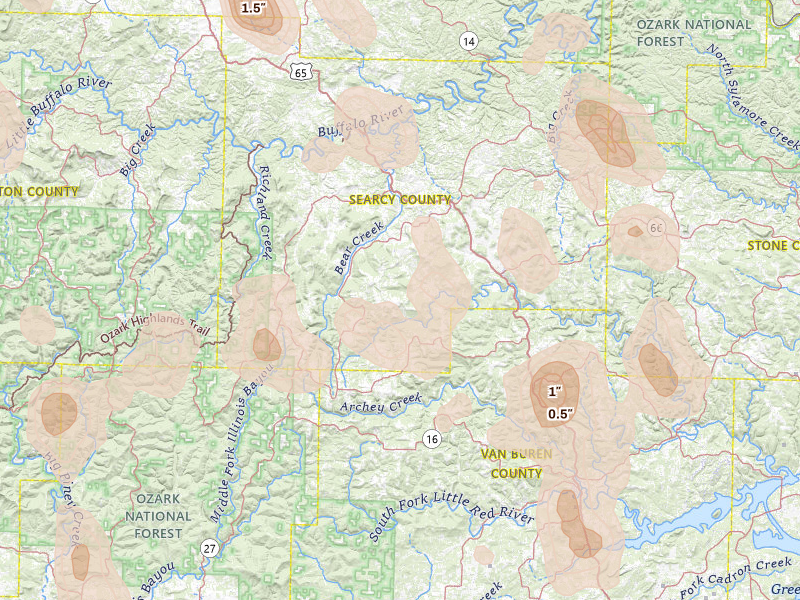 Radar-estimated hail-size map of the storm over Leslie, AR on Jun 1, 2026