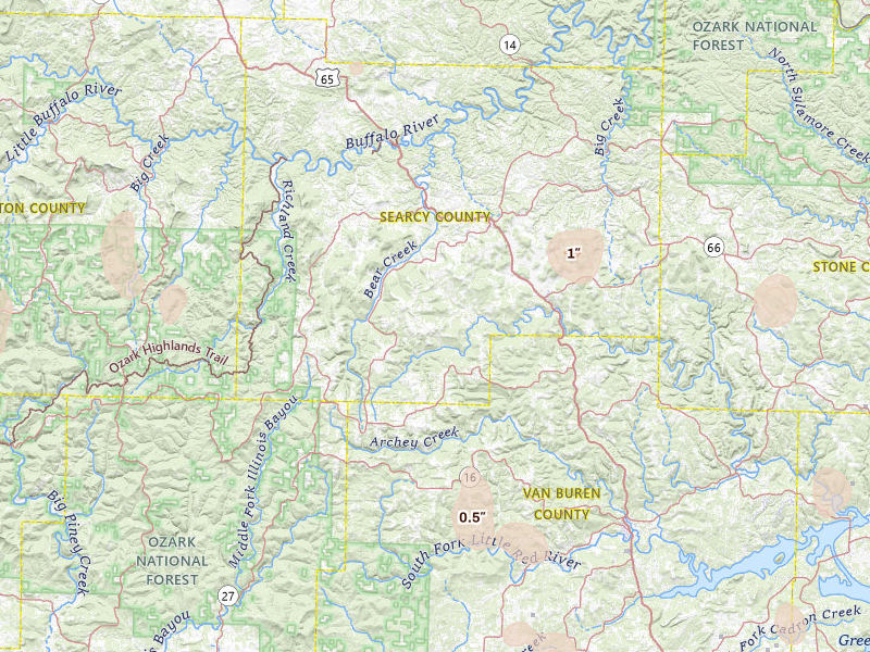Radar-estimated hail-size map of the storm over Leslie, AR on Jul 6, 2026