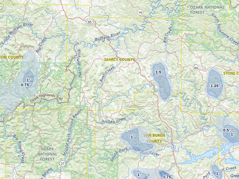 NEXRAD radar-signature map of the hail storm over Leslie, AR on Jul 6, 2026