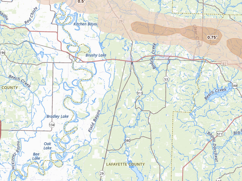 Radar-estimated hail-size map of the storm over Lewisville, AR on Mar 15, 2026