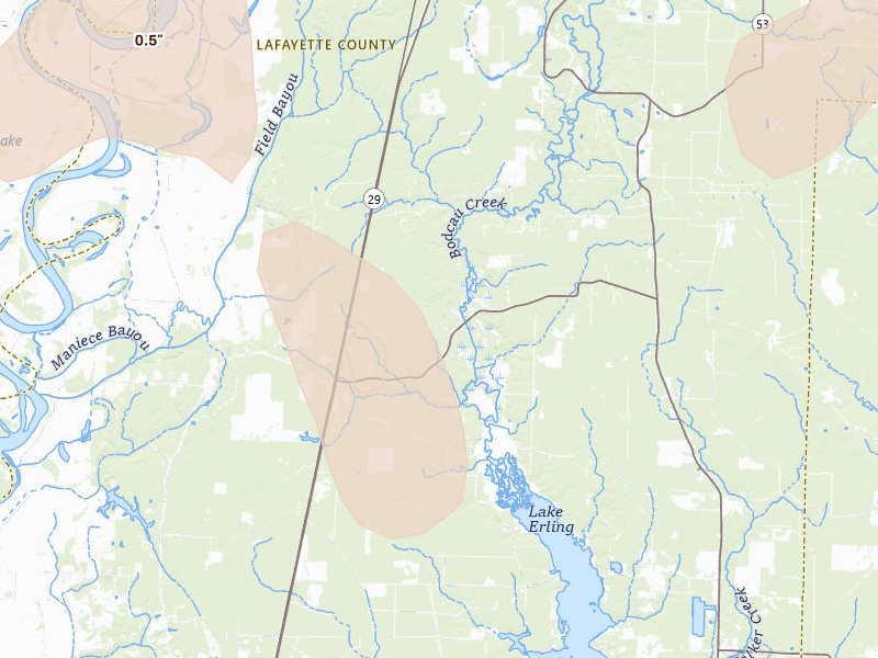 Radar-estimated hail-size map of the storm over Lewisville, AR on Jun 2, 2026