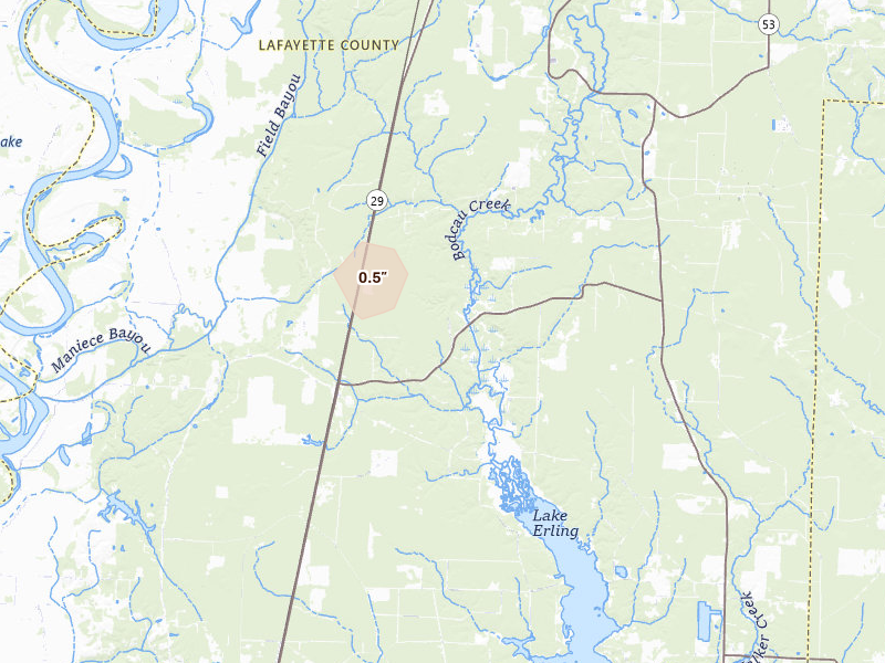 Radar-estimated hail-size map of the storm over Lewisville, AR on Jun 19, 2026