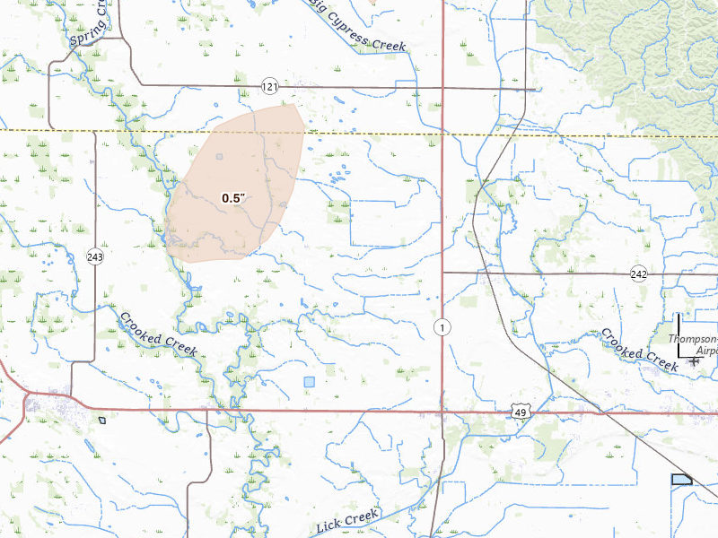 Radar-estimated hail-size map of the storm over Lexa, AR on May 18, 2026