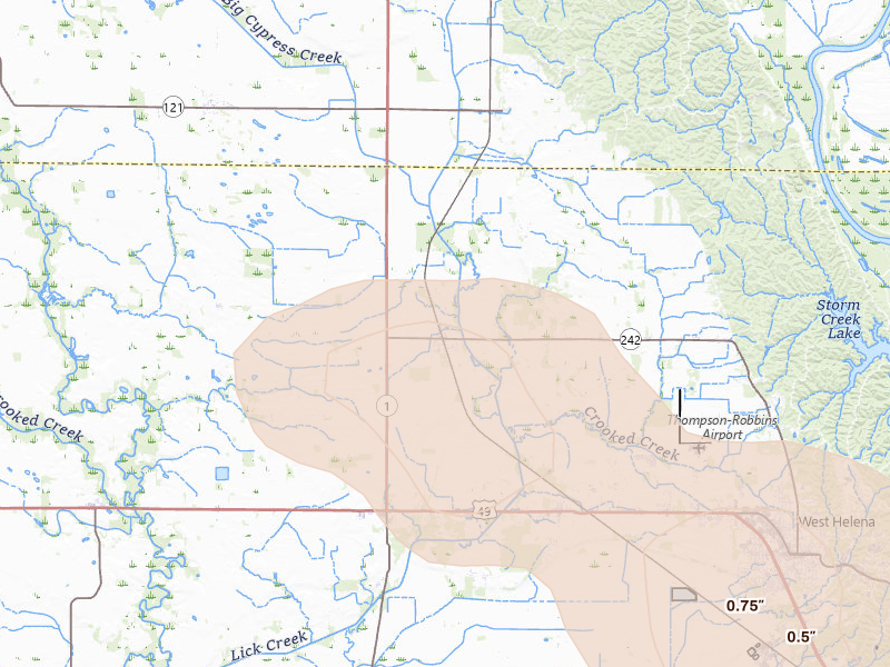 Radar-estimated hail-size map of the storm over Lexa, AR on Aug 22, 2026