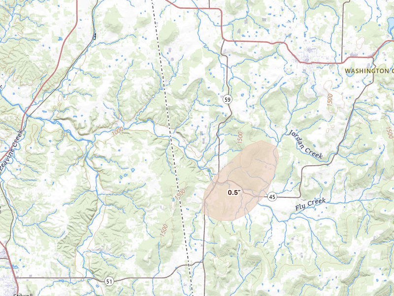 Radar-estimated hail-size map of the storm over Lincoln, AR on Jun 1, 2026