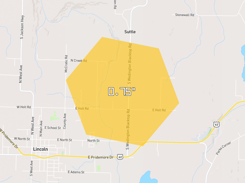Hail map of Lincoln, AR on Jun 2, 2026, hail up to 0.75"