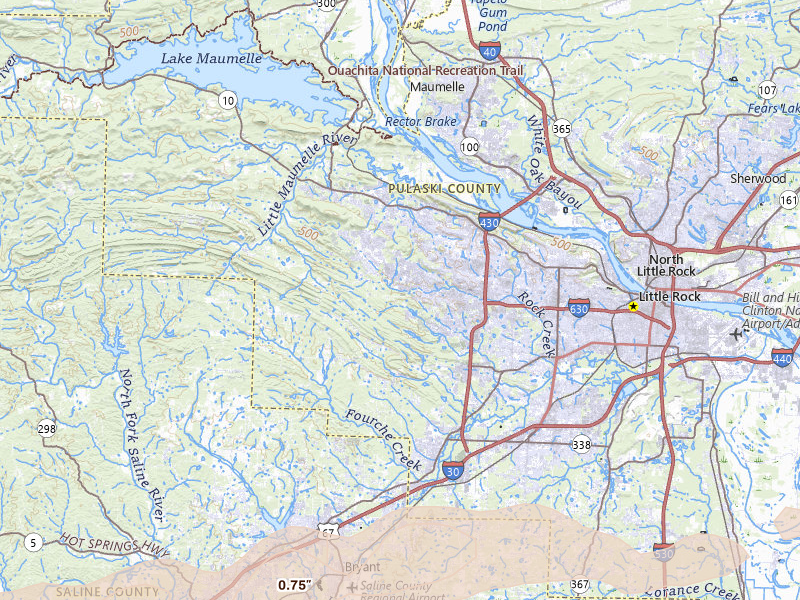 Radar-estimated hail-size map of the storm over Little Rock, AR on May 5, 2026