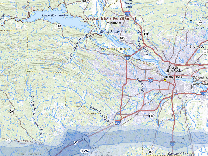 NEXRAD radar-signature map of the hail storm over Little Rock, AR on May 5, 2026