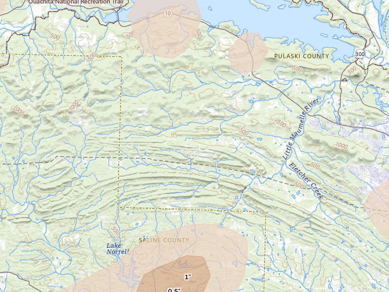 Radar-estimated hail-size map of the storm over Little Rock, AR on Jul 4, 2026