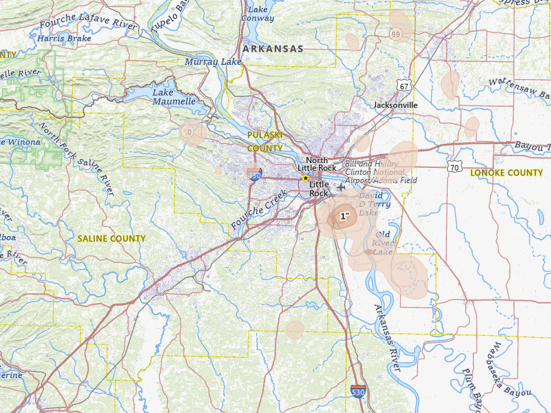 Radar-estimated hail-size map of the storm over Little Rock, AR on Jul 6, 2026