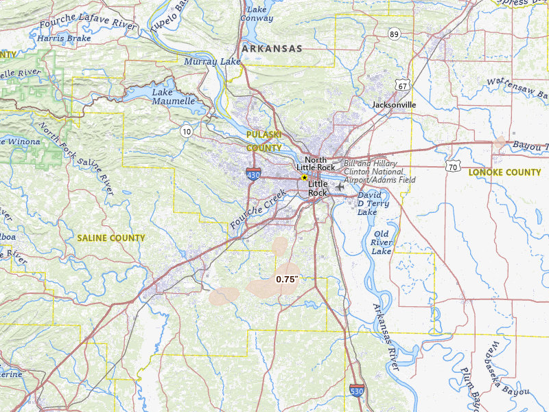 Radar-estimated hail-size map of the storm over Little Rock, AR on Jul 14, 2026