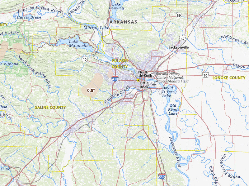 Radar-estimated hail-size map of the storm over Little Rock, AR on Jul 29, 2026