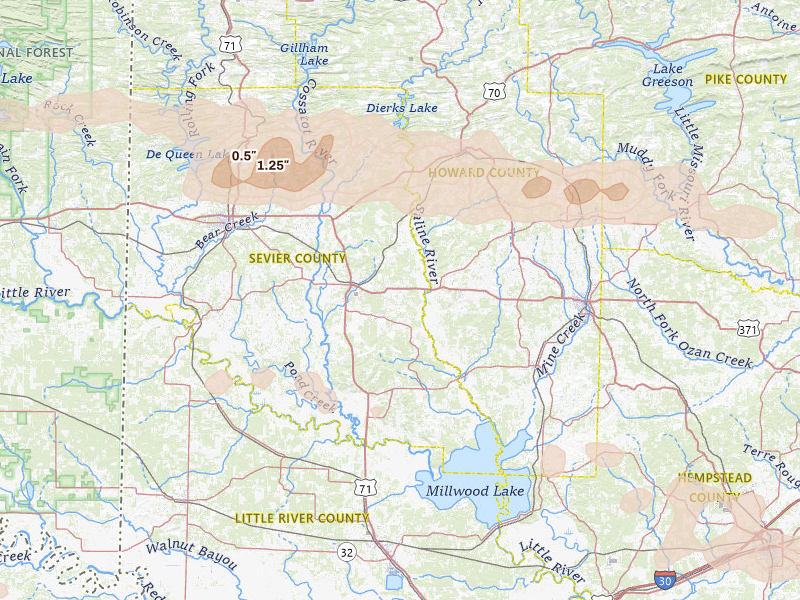 Radar-estimated hail-size map of the storm over Lockesburg, AR on Mar 15, 2026