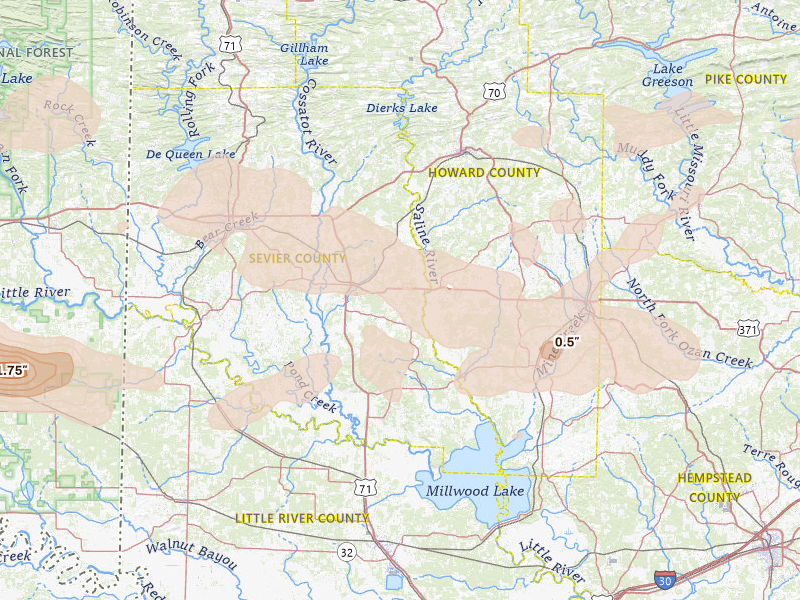 Radar-estimated hail-size map of the storm over Lockesburg, AR on Apr 28, 2026