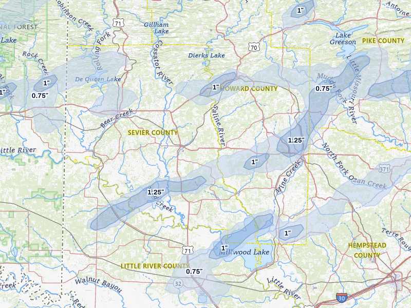 NEXRAD radar-signature map of the hail storm over Lockesburg, AR on Apr 28, 2026