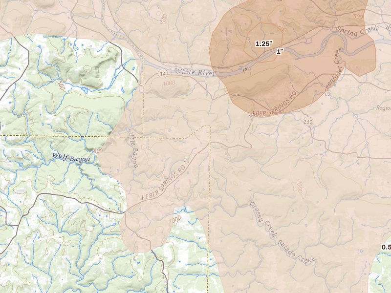 Radar-estimated hail-size map of the storm over Locust Grove, AR on Apr 27, 2026