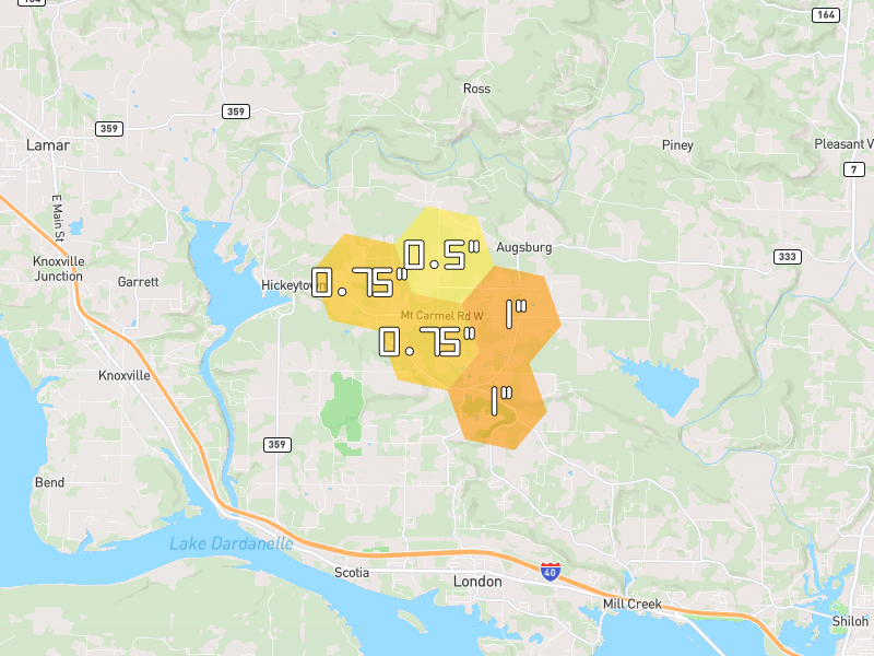 Hail map of London, AR on Jul 2, 2026, hail up to 1"