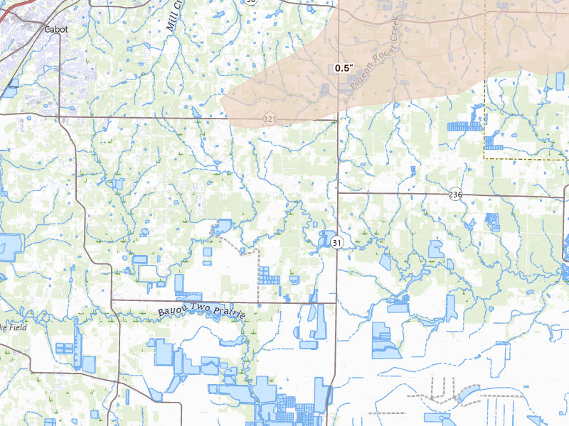 Radar-estimated hail-size map of the storm over Lonoke, AR on Apr 28, 2026