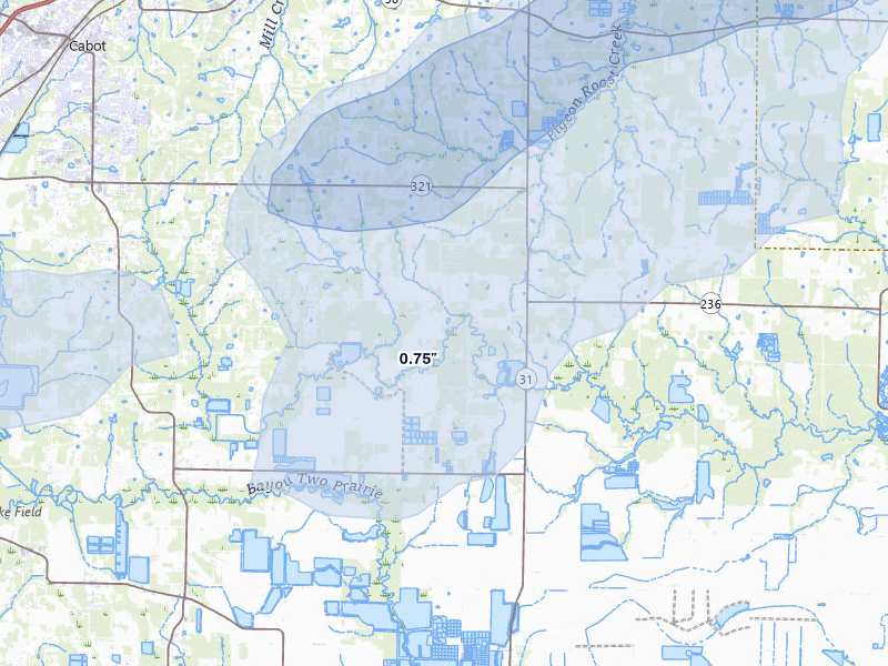 NEXRAD radar-signature map of the hail storm over Lonoke, AR on Apr 28, 2026