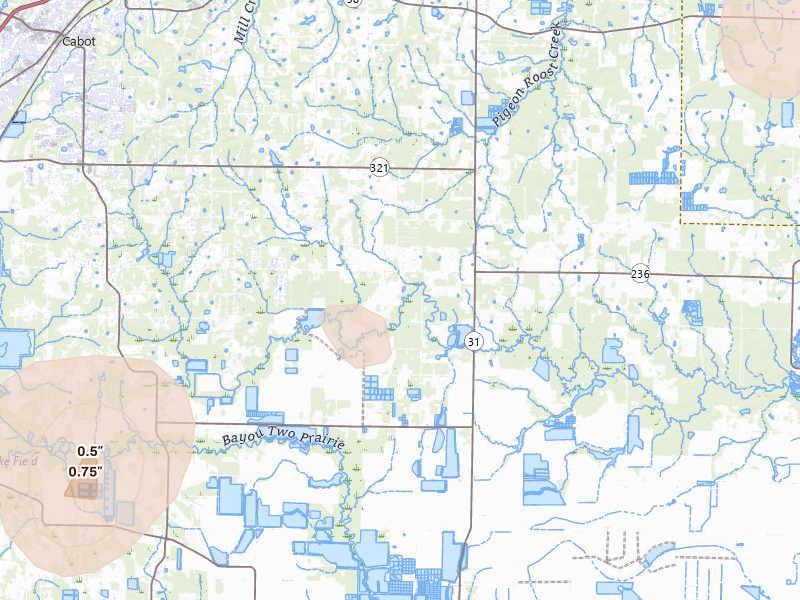 Radar-estimated hail-size map of the storm over Lonoke, AR on Jul 4, 2026