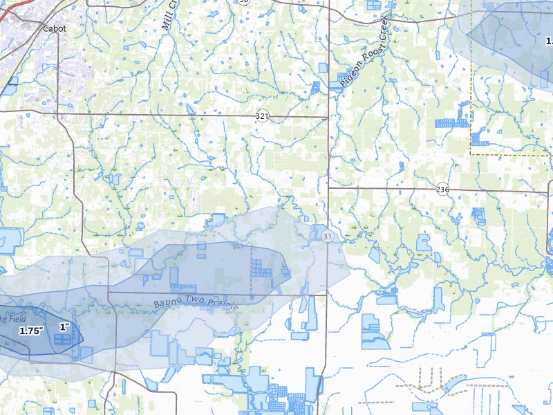 NEXRAD radar-signature map of the hail over Lonoke, AR
