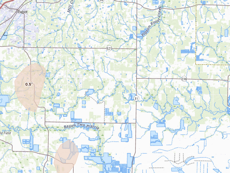 Radar-estimated hail-size map of the storm over Lonoke, AR on Jul 6, 2026
