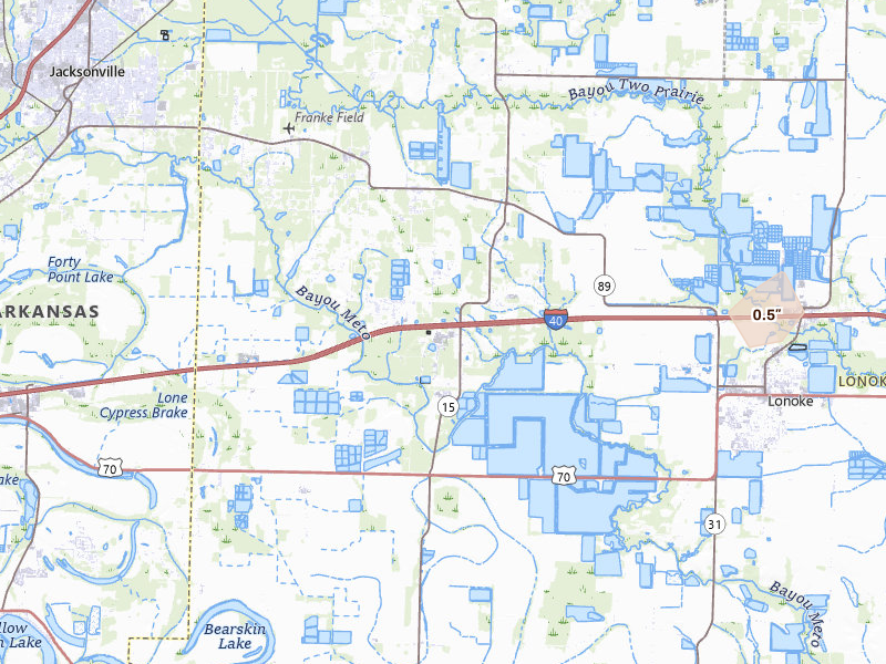 Radar-estimated hail-size map of the storm over Lonoke, AR on Jul 14, 2026