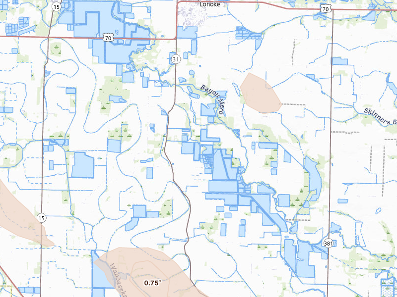 Radar-estimated hail-size map of the storm over Lonoke, AR on Aug 22, 2026