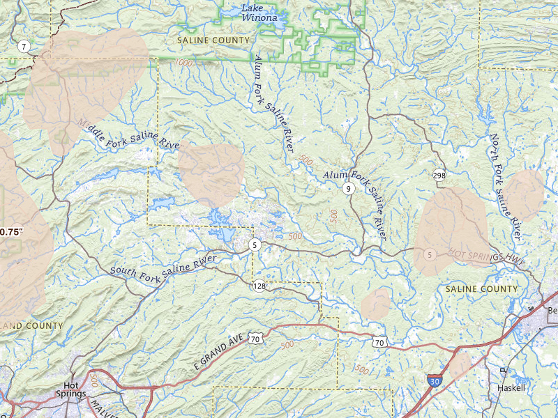 Radar-estimated hail-size map of the storm over Lonsdale, AR on Jun 1, 2026