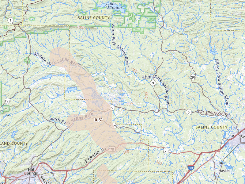 Radar-estimated hail-size map of the storm over Lonsdale, AR on Jul 1, 2026