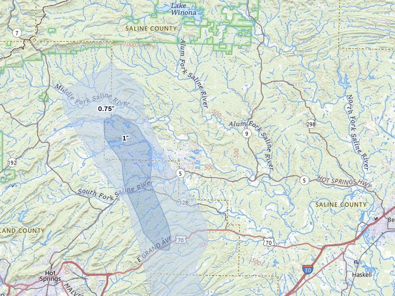 NEXRAD radar-signature map of the hail storm over Lonsdale, AR on Jul 1, 2026
