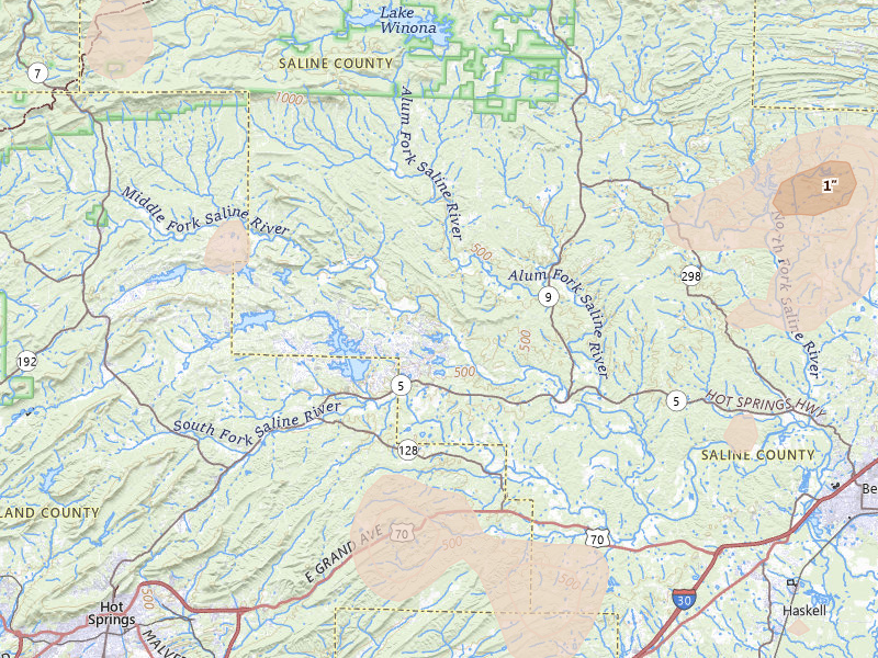 Radar-estimated hail-size map of the storm over Lonsdale, AR on Jul 4, 2026