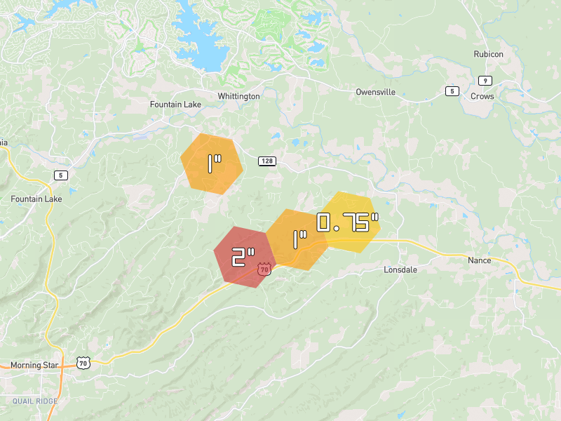 Hail map of Lonsdale, AR on Jul 4, 2026, hail up to 2"