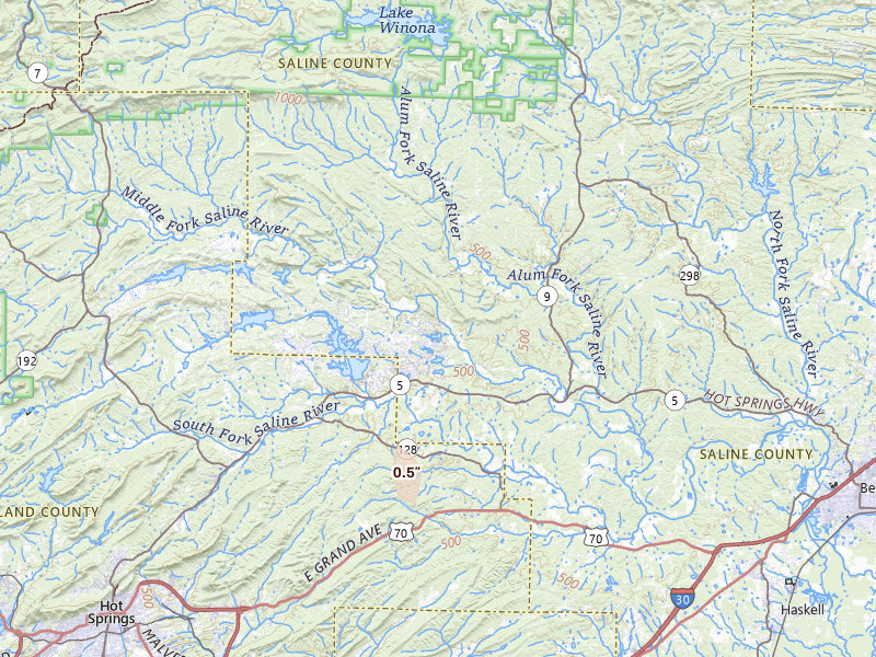 Radar-estimated hail-size map of the storm over Lonsdale, AR on Jul 30, 2026