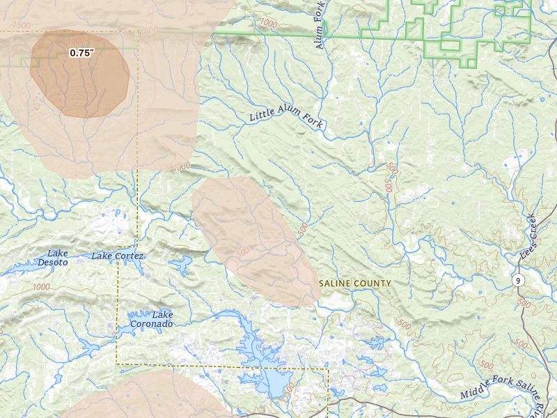 Radar-estimated hail-size map of the storm over Lonsdale, AR on Aug 22, 2026
