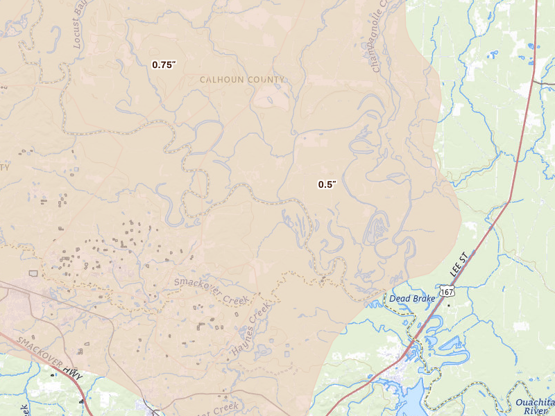 Radar-estimated hail-size map of the storm over Louann, AR on Apr 25, 2026