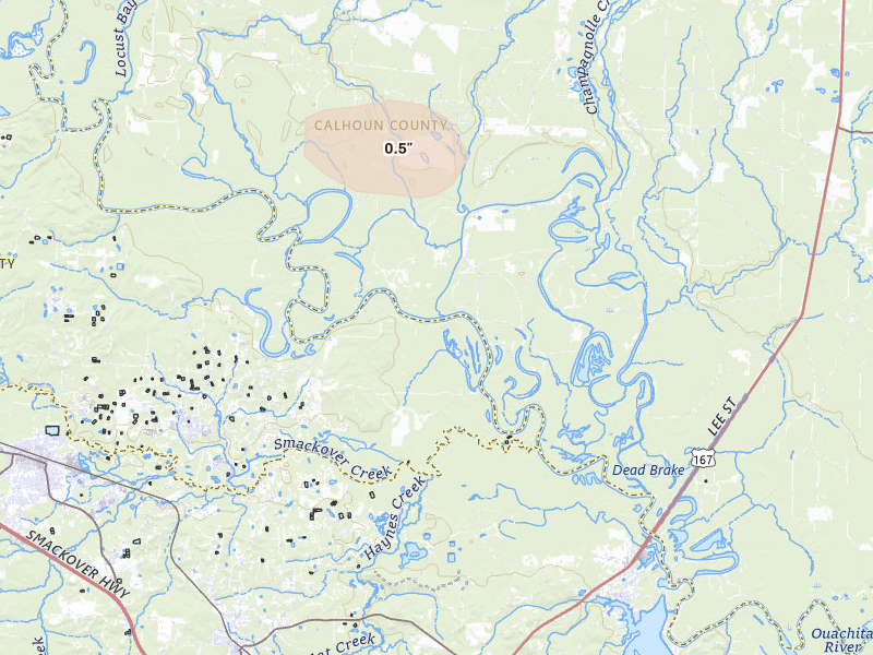 Radar-estimated hail-size map of the storm over Louann, AR on May 8, 2026