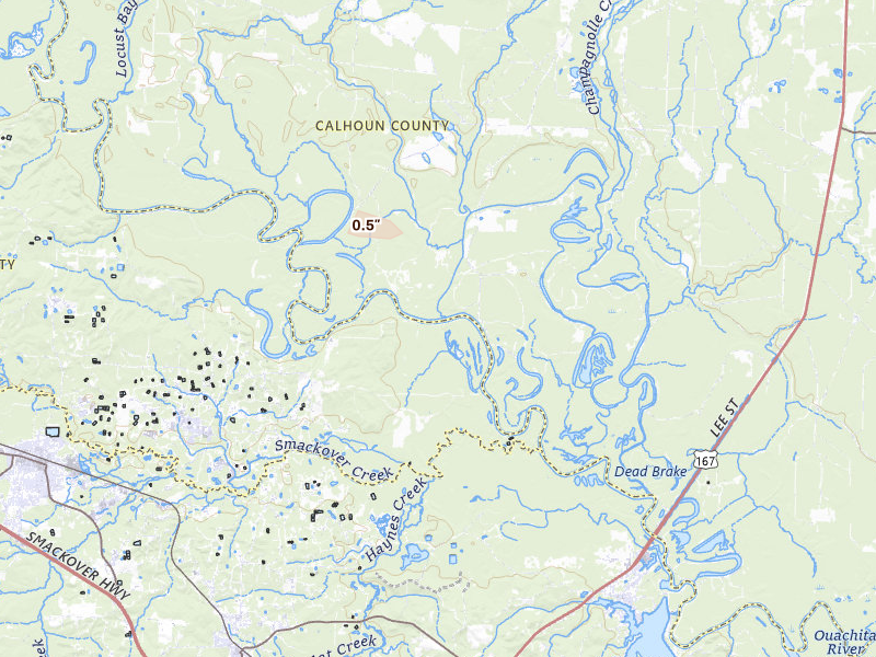 Radar-estimated hail-size map of the storm over Louann, AR on May 23, 2026