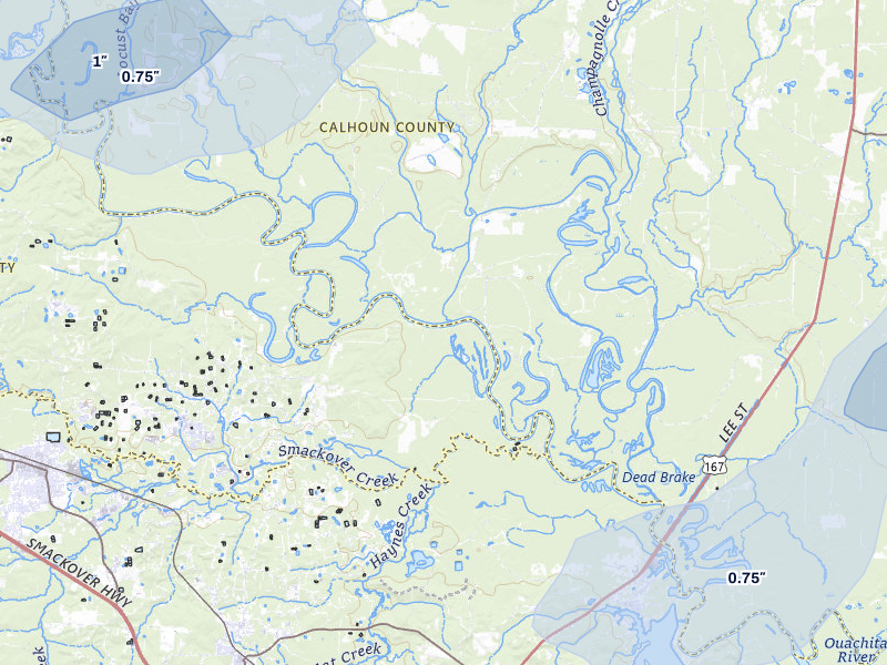 NEXRAD radar-signature map of the hail over Louann, AR