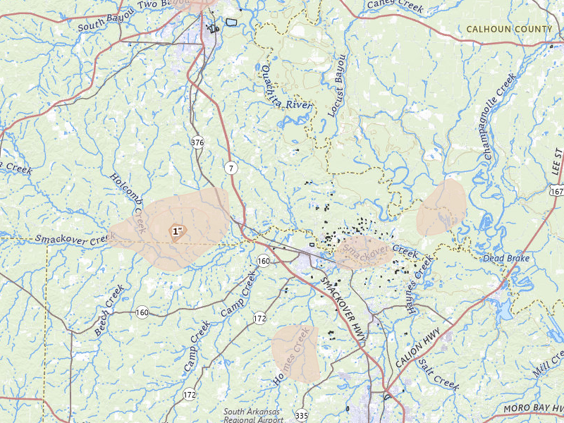 Radar-estimated hail-size map of the storm over Louann, AR on Aug 7, 2026