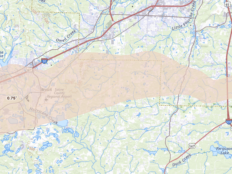 Radar-estimated hail-size map of the storm over Mabelvale, AR on May 5, 2026