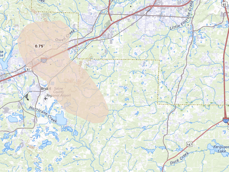 Radar-estimated hail-size map of the storm over Mabelvale, AR on May 30, 2026