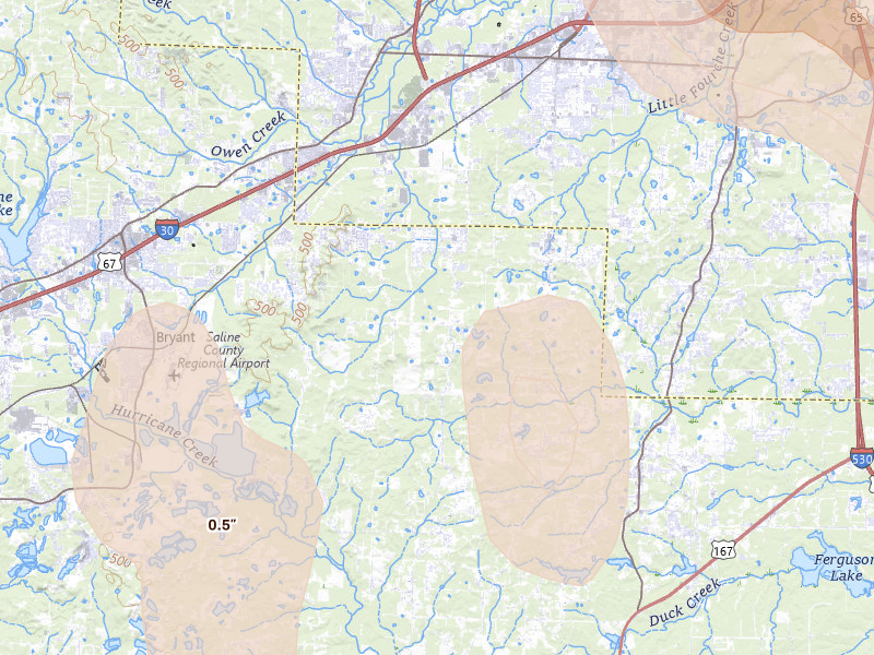 Radar-estimated hail-size map of the storm over Mabelvale, AR on Jun 1, 2026